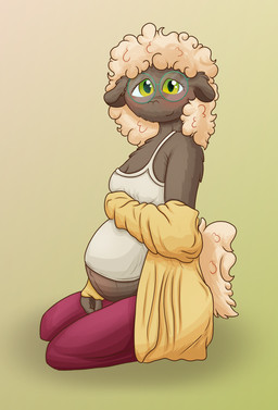 anthro blush clothing eyewear female fur glasses green_background green_eyes green_eyewear green_glasses grey_body humanoid_hands kneeling kneeling_on_ground looking_at_viewer navel outie_navel pregnant pregnant_anthro pregnant_female round_glasses shirt simple_background smile smiling_at_viewer solo stretch_marks tail tank_top topwear wearing_glasses white_body white_fur seenty rayelle_(seenty) bovid caprine mammal sheep 2026 digital_drawing_(artwork) digital_media_(artwork) english_description hi_res trans_(lore) trans_woman_(lore)