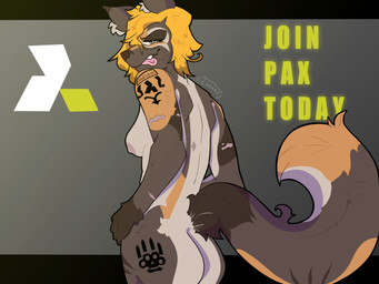 anthro arm_tattoo bedroom_eyes butt butt_tattoo casual_exposure casual_nudity female fluffy fluffy_hair hair military narrowed_eyes nude propaganda rear_view scar seductive solo tail tattoo text tongue tongue_out cayasa battlefield_6 canid canine mammal english_text hi_res