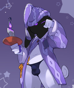 4_fingers anthro biped blue_clothing blue_underwear bottomless bottomless_anthro bottomless_male bulge button_(fastener) candle candlestick clothed clothed_anthro clothed_male clothing colored_fire cosplay detailed_bulge fingers fire floppy_ears hat headgear headwear holding_candle holding_object lop_ears male male_anthro nightcap obscured_face open_clothing open_pajamas oversized_clothing oversized_topwear pajamas pattern_background pattern_clothing pattern_hat pattern_headgear pattern_headwear pattern_topwear pawpads purple_clothing purple_eyes purple_fire purple_hat purple_headwear purple_pajamas purple_pawpads purple_topwear simple_background solo tail topwear unbuttoned underwear white_body white_tail smite_(artist) deadlock_(game) valve nue_stargazer rem_(deadlock) alien avian bird chimera dream_creature dreameater_(stargazernue) felid lion mammal owl pantherine 2026 digital_drawing_(artwork) digital_media_(artwork) hi_res