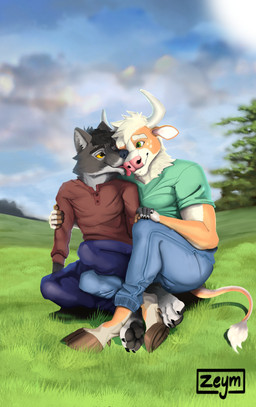 affectionate anthro claws cuddling duo face_touch fur happy holding_close horn hug intimate_(non-explicit_context) licking looking_at_another love male male/male romantic smile tail tender tongue tuft zeym bovid bovine canid canine canis cattle mammal wolf absurd_res colored digital_media_(artwork) hi_res