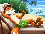 anthro beach clothing gesture green_clothing green_swimming_trunks green_swimwear hand_gesture male one_eye_closed palms seaside solo swimming swimming_trunks swimwear thumbs_up wink sagadreams canid canine fox mammal 2022 4:3 hi_res