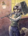 anthro brown_hair clothed clothing crossdressing detailed_background female green_eyes hair holding_object holding_weapon smile solo tail tomboy weapon ruaidri bloodborne fromsoftware sony_corporation sony_interactive_entertainment the_hunter_(bloodborne) woodside domestic_cat felid feline felis mammal