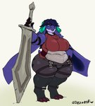 anthro armor big_breasts big_butt big_sword blue_eyes breasts butt claws clothed clothing curvy_figure female hair hand_on_hip holding_melee_weapon holding_object holding_sword holding_weapon horn huge_butt huge_thighs long_ears looking_at_viewer melee_weapon overweight purple_body short_stack simple_background slightly_chubby solo squish sword tail thick_thighs thigh_squish tight_clothing voluptuous weapon wide_hips jezzlen atlyss kobold kubold_(atlyss) reptile scalie 2024 digital_drawing_(artwork) digital_media_(artwork) hi_res