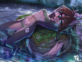 4_toes 5_fingers anthro arm_markings barefoot black_nose boulder breasts brown_hair clothing digitigrade facial_markings feet female female_anthro fingers foot_in_water fur green_eyes grey_body grey_fur grin grinning_at_viewer hair head_markings hindpaw humanoid_hands leg_markings looking_at_viewer lying markings nature navel night nude nude_anthro nude_female on_back on_rock outside paws rock slim slim_anthro slim_female small_breasts smile smiling_at_viewer solo tail thigh_markings toes tribal tribal_markings water womb_tattoo conditional_dnp fluff-kevlar tala_(fluff-kevlar) canid canine canis mammal wolf 2023 dated full-length_portrait portrait