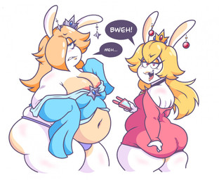 3_fingers anthro areola areola_slip arms_bent belly big_belly big_breasts black_choker black_eyebrows black_jewelry black_necklace blonde_hair blotchy_areola blue_clothing blue_eyes blue_shirt blue_thong blue_topwear blue_underwear blush bored breasts buckteeth cellphone choker cleavage clothed clothed_anthro clothed_female clothing crown deep_navel dialogue dress duo ear_piercing electronics exclamation_point eyebrow_through_hair eyebrows eyelashes fat_arms female female_anthro fingers frown fur gem glistening_eyelids hair half-closed_eyes headgear holding_cellphone holding_object holding_phone jewelry larger_anthro larger_female light lips long_ears long_eyelashes long_hair looking_at_viewer multicolored_body narrowed_eyes navel necklace noseless obese obese_anthro obese_female open_mouth open_smile overweight overweight_anthro overweight_female phone piercing pink_areola pink_clothing pink_dress pink_eyes pink_tongue ruby_(gem) sapphire_(gem) shirt simple_background size_difference sleeves_past_fingers slightly_chubby slightly_chubby_anthro slightly_chubby_female small_breasts smaller_anthro smaller_female smile smiling_at_viewer speech_bubble talking_to_viewer tan_body tan_breasts tan_eyelids tan_inner_ear tan_lips tan_skin teeth thick_thighs thong tongue topwear translucent translucent_hair two_tone_body underwear white_body white_fur yelling yelling_at_viewer redphlannel mario_bros mario_plus_rabbids_kingdom_battle mario_plus_rabbids_sparks_of_hope nintendo raving_rabbids rayman_(series) ubisoft rabbid_peach rabbid_rosalina lagomorph mammal rabbid 2025 cel_shading crossover digital_drawing_(artwork) digital_media_(artwork) english_description hi_res lighting shaded