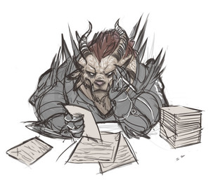 4_ears anthro armor arms_bent brown_body brown_fur fangs fur grey_armor hand_on_head holding_object holding_paper horn looking_at_paper male mane multi_ear paper paper_sheet paper_stack paperwork reading reading_paper red_mane simple_background solo spiked_armor spikes teeth white_background writing_on_paper syberfab guild_wars rytlock_brimstone charr felid mammal 2012 colored digital_drawing_(artwork) digital_media_(artwork) sketch