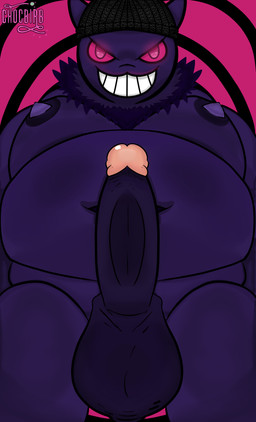anthro areola balls beanie belly big_balls big_belly big_muscles big_pecs big_penis clothing erection evil_grin front_view fur genitals glans glowing glowing_eyes grin hat hat_only headgear headgear_only headwear headwear_only huge_belly huge_pecs humanoid_genitalia humanoid_penis kemono looking_at_viewer love_handles low-angle_view male menacing_aura moobs mostly_nude muscular navel neck_tuft nipples obese obese_anthro obese_male overweight overweight_anthro overweight_male pattern_background pecs penis pink_eyes pokemorph presenting presenting_penis purple_body purple_fur simple_background smile smiling_at_viewer solo standing teeth tuft chocbirb game_freak nintendo pokemon mordecai_the_gengar generation_1_pokemon gengar pokemon_(species) absurd_res hi_res