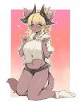 5_fingers anthro blonde_hair clothed clothing female fingers hair heart_symbol kemono navel one_eye_closed panties skimpy smile underwear nagoshinikake domestic_cat felid feline felis mammal 3:4