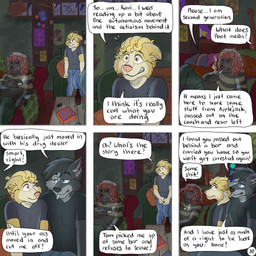 6_panel_comic anthro black_body black_clothing black_hair black_shirt black_topwear blonde_hair bottle bottomwear cigarette clothed clothing container dialogue drugs fur furniture grey_body grey_fur group hair lying lying_on_sofa male marijuana name_in_dialogue on_sofa page_number pants red_hair shirt smoking smoking_cigarette smoking_marijuana sofa sweater text topwear trio yellow_body yellow_fur kriek_wildebeest jeremy_(kriek_wildebeest) ravi_(kriek_wildebeest) tom_(kriek_wildebeest) border_collie canid canine canis collie domestic_dog herding_dog husky hybrid mammal nordic_sled_dog pastoral_dog portuguese_water_dog sheepdog spitz wolf 1:1 comic english_text hi_res