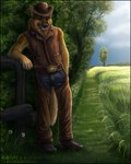 anthro black_border border claws clothing cowboy_hat fence grass hat headgear headwear looking_at_viewer male open_mouth open_smile outside plant smile solo tree sidonie canid canine canis domestic_dog german_shepherd herding_dog mammal pastoral_dog 4:5 hi_res