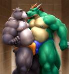 anthro anthro_on_anthro bear biceps black_nipples black_nose braford brown_hair bulge bulge_frottage clothed clothing dragon duo eyes_closed facial_hair frottage fur green_body green_skin grey_body grey_fur hair horn interspecies kissing laggio male male/male mammal musclegut muscular muscular_male mythological_creature mythological_scalie mythology navel nipples overweight overweight_male pecs penile reptile scalie sex shower slightly_chubby speedo standing swimwear topless underwear underwear_sex wet