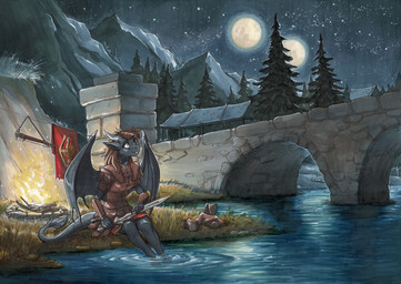 5_fingers anthro armor biped black_body black_scales breasts bridge brown_eyes brown_hair detailed_background female fingers forest hair leather leather_armor legs_in_water melee_weapon membrane_(anatomy) membranous_wings mountain night non-mammal_breasts outside plant river scales solo sword tree weapon wings ewgengster bethesda_game_studios european_mythology microsoft mythology skyrim the_elder_scrolls dragon mythological_creature mythological_scalie scalie western_dragon absurd_res hi_res traditional_media_(artwork)