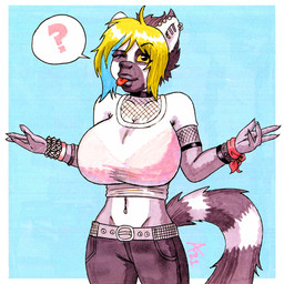 alternative_fashion anthro big_breasts big_tail blonde_hair blue_hair bottomwear bra bra_through_clothing bracelet breasts clothing denim denim_bottomwear denim_clothing ear_piercing female fishnet_clothing fur hair huge_breasts jeans jewelry lingerie markings multicolored_body multicolored_fur multicolored_hair navel navel_piercing one_eye_closed pants piercing punk small_waist solo striped_markings striped_tail stripes studded_bracelet studded_jewelry studs tail tail_markings tongue tongue_out translucent translucent_clothing underwear wink aaronhibiki lemur mammal primate ring-tailed_lemur strepsirrhine 1:1 hi_res