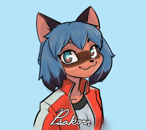 anthro black_hair blue_eyes blue_hair brown_body brown_fur clothing female fur hair jacket looking_at_viewer multicolored_hair short_hair simple_background smile solo topwear psakorn_tnoi brand_new_animal studio_trigger michiru_kagemori canid canine mammal raccoon_dog tanuki absurd_res bust_portrait digital_media_(artwork) hi_res portrait shaded