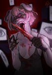 anthro blonde_hair blood bodily_fluids breasts clothed clothing dim_lighting electronics fangs female hair knife licking_knife markings open_mouth solo teeth television white_body blumenseele marta_moran canid canine canis domestic_dog mammal absurd_res hi_res