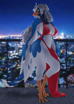 anthro balcony beak big_breasts black_body black_feathers blue_body blue_feathers breasts cheek_tuft claws clothed clothed_female clothing curvy_figure dress facial_tuft feathers featureless_crotch feet female flowing_hair green_eyes hair happy long_hair looking_at_viewer neck_tuft non-mammal_breasts orange_beak photo_background pose sexy_eyes small_waist smile smug_grin solo standing stripes tail tail_feathers talons thick_thighs toe_claws toes tuft white_body white_feathers wide_hips wings winter_coat nakamura cissa_(idorrth) avian bird corvid magpie_(corvid) oscine passerine absurd_res digital_media_(artwork) hi_res photography_(artwork) pinup