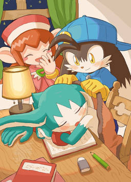 anthro bedding black_body black_fur blanket blue_clothing blue_shirt blue_topwear blush clothing eyes_closed female fur furniture gloves green_body green_fur group handwear inside kemono lamp laugh male night notebook shirt sitting sleeping table topwear trio window yellow_clothing yellow_eyes yellow_gloves yellow_handwear young young_anthro young_male amber_graygamma bandai_namco klonoa_(series) king_of_sorrow klonoa lolo_(klonoa) 2023 hi_res