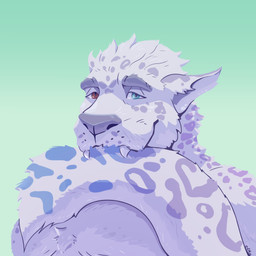 anthro blue_background blue_eyes blue_markings brown_eyes cheek_tuft chest_tuft facial_spots facial_tuft fangs front_view fur green_body grey_body grey_fur head_tuft heterochromia looking_at_viewer male male_anthro markings neck_tuft nude purple_markings simple_background solo spots spotted_face spotted_markings spotted_neck spotted_shoulders spotted_tail tail tail_in_mouth tail_markings teeth tuft white_body white_fur chocolateandmilk felid mammal pantherine snow_leopard 1:1 2020 bust_portrait dated hi_res portrait signature