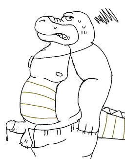 anthro balls bodily_fluids bottomwear clothing erection genital_fluids genitals male moobs nipples pants penis precum slightly_chubby small_penis solo avafterwhatever brok_the_investigator cowcat_games brok_(brok_the_investigator) alligator alligatorid crocodilian reptile scalie 2026