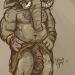 anthro armor balls bodily_fluids body_hair bracers chest_hair genital_fluids genitals male musk musk_clouds precum proboscis_(anatomy) scar shirtless solo sweat trunk_(anatomy) tusks glorpgorp rivals_of_aether loxodont elephant elephantid mammal proboscidean 1:1 hi_res