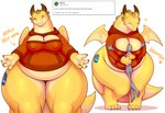 2023 absurd_res anthro banana banana_dragon biped bottomless bottomless_anthro bottomless_female chiquita_(brand) chiquita_(colarix) cleavage_cutout clothed clothing colarix cutout digital_media_(artwork) dragon duo elemental_creature embrace english_text european_mythology eyes_closed female flora_fauna food food_creature fruit fruit_sticker head_between_breasts hi_res horn huge_thighs human human_on_anthro interspecies larger_anthro larger_female living_fruit male male/female mammal membrane_(anatomy) membranous_wings multicolored_body mythological_creature mythological_scalie mythology nipple_outline plant scalie size_difference smaller_human smaller_male smile sweater tail tan_body text thick_tail thick_thighs topwear two_tone_body western_dragon wide_hips wings yellow_body