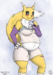 anthro belly big_belly cellphone clothing electronics female pajamas phone pregnant pregnant_anthro pregnant_female smile solo geckoguy123456789 gyro-furry bandai_namco digimon canid digimon_(species) mammal renamon hi_res