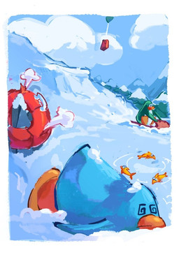 anthro blue_body blue_fur border cloud day dizzy duo fur green_body green_fur male outside outside_border snow spiral spiral_eyes white_border nic0ncanela club_penguin aquatic avian bird fish penguin
