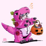 anthro candy clothing costume dessert food halloween_costume holidays male pink_clothing solo trick-or-treating pastelmon_art bandai_namco digimon halloween bear bearmon digimon_(species) extyrannomon mammal 1:1 hi_res