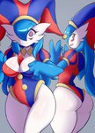 absurd_res alternate_species big_breasts big_butt blue_hair breasts butt cleavage clothed clothing female gardevoir generation_3_pokemon glitch_productions hair hair_over_eye hat headgear headwear hi_res humanoid looking_at_viewer lucyfercomic nintendo not_furry one_eye_obstructed pokemon pokemon_(species) pomni_(tadc) shiny_pokemon solo the_amazing_digital_circus thick_thighs white_body wide_hips