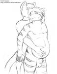 animal_genitalia anthro balls belly big_belly duo fully_sheathed genitals male male/male pregnant pregnant_anthro pregnant_male sheath simple_background standing text myrmidon_(artist) cinder feral_(character) felid mammal english_text greyscale monochrome