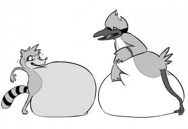 anthro beak belly big_belly duo male overweight simple_background white_background saphiros cartoon_network regular_show mordecai_(regular_show) rigby_(regular_show) avian bird mammal procyonid raccoon 2015 monochrome