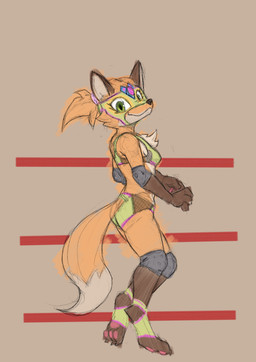 anthro breasts brown_body brown_fur butt cheek_tuft chest_tuft dipstick_tail elbow_pads facial_tuft female from_side fur gloves_(marking) green_eyes hair knee_pads leg_markings looking_at_viewer markings mask orange_body orange_fur paws ponytail slim_female small_breasts smile socks_(marking) solo tail tail_markings tuft two_piece_suit wrestling wrestling_outfit chamma_retsuden dungeons_of_aether rivals_of_aether fleet_(dungeons_of_aether) canid canine fox mammal 2026 absurd_res digital_drawing_(artwork) digital_media_(artwork) full-length_portrait hi_res portrait