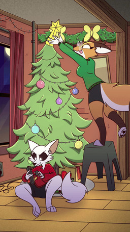 anthro arm_wraps biped black_sclera breasts butt cheek_tuft christmas_clothing christmas_tree clothing detailed_background duo ear_piercing ear_ring eyelashes eyewear facial_tuft female fluffy fluffy_tail fur glasses glowing glowing_eyes hat headgear headwear holidays moon piercing plant ring_piercing tail tree tuft wide_eyed wraps animatedmau christmas other_side chloe_(animatedmau) rey_(animatedmau) arctic_fox canid canine fox mammal mummy true_fox undead 2025 2d_animation animated digital_media_(artwork) hi_res