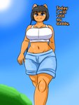 anthro black_hair blue_eyes bottomwear bra clothing dialogue female fur hair orange_body orange_fur plant shorts sky solo sports_bra sun text tree underwear arisenleaf fluffy_pony cloe_(arisenleaf) fluffy_pony_(species) mammal 3:4 english_text hi_res