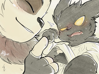 anthro belly_rub black_body black_fur blush bodily_fluids clothed clothing clothing_lift duo embarrassed eye_markings eyes_closed fingerless_gloves fingers fur fur_markings gesture gloves hand_gesture handwear lying male male/male male_anthro markings neck_tuft no_pupils on_back pointing shirt shirt_lift short short_anthro short_male smile sweat tan_body tan_fur teeth_showing topwear tuft yellow_eyes abby00531 league_of_legends riot_games tencent teemo_(lol) veigar yordle 2021 4:3 digital_drawing_(artwork) digital_media_(artwork) hi_res signature