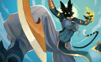 accessory anthro armband armlet athletic athletic_anthro athletic_female big_breasts black_body black_fur blade bottomwear bracelet breasts claws clothed clothing egyptian female finger_claws fur gold_(metal) gold_armband gold_bracelet gold_jewelry gold_necklace jewelry loincloth low-angle_view magic magic_user multicolored_body multicolored_fur navel necklace o-ring o-ring_bra o-ring_top obscured_face outside pants pawpads sky solo sun tail toe_claws two_tone_body two_tone_fur usekh ventral_groove white_body white_fur worm's-eye_view yellow_eyes pajamamcham bacardi_(muart242) domestic_cat felid feline felis mammal 2026 absurd_res hi_res