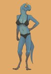 biped black_bra black_clothing black_underwear blue_body bra breasts claws clothing digitigrade feet female front_view gloves_(marking) horn leg_markings markings orange_background orange_eyes simple_background socks_(marking) solo standing toe_claws toes underwear zagz dinosaur prehistoric_species reptile scalie 2024 digital_media_(artwork) hi_res