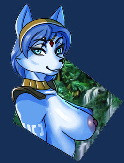 anthro areola big_breasts biped blue_body blue_eyes blue_fur blue_hair blurred_background breasts female forest fur hair head_turned leaf looking_at_viewer medium_hair nipples photo_background plant rainforest shoulder_pads side_boob side_view simple_background smile solo text transparent_background tree white_body white_fur archvile_(artist) nintendo star_fox krystal_(star_fox) canid canine fox mammal 2024 alpha_channel artist_name bust_portrait colored hi_res photography_(artwork) portrait shaded