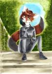 anthro biped clothed clothing female forest fur gift green_eyes hair looking_at_viewer markers multicolored_body multicolored_fur plant prize ruins sitting smile solo suit tree wunderknodel kristen_(kr1st3n) ailurid canid canine fox mammal red_panda 2017 hi_res traditional_media_(artwork)