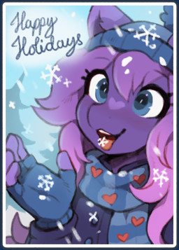 anthro beanie blue_eyes clothed clothing female gloves greeting_card handwear hat headgear headwear heart_(marking) markings open_mouth outside purple_body scarf snow snowflake snowing solo text tongue tongue_out waspsalad hasbro my_little_pony fan_character equid equine horse mammal pony 2025 hi_res