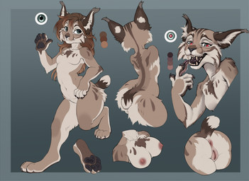 anthro anus black_nose black_pawpads bodily_fluids breasts brown_body brown_fur brown_hair butt butt_tuft cheek_tuft chest_tuft claws close-up ear_tuft facial_tuft featureless_breasts female fingers fur genitals hair inner_ear_fluff long_ears long_hair looking_at_viewer medium_breasts nipples nude open_mouth pawpads paws pink_nipples short_tail simple_background small_breasts smile solo tail tan_body tan_fur teeth tongue tuft vulva white_body white_fur conditional_dnp tgt1512 felid feline lynx mammal digital_media_(artwork) hi_res model_sheet