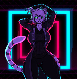 anthro armor big_breasts bottomwear breasts chest_tuft claws clothed clothing coat curvy_figure detailed_background ear_piercing ear_ring female fingerless_gloves fur gauntlets gloves green_eyes hair half-closed_eyes hand_behind_head hand_over_head handwear looking_at_viewer mature_female narrowed_eyes neon neon_lights piercing pose ring_piercing smile solo standing stripes synthwave text thick_thighs topwear tuft white_body white_fur white_hair wide_hips edgeartstation microsoft the_elder_scrolls the_elder_scrolls_online valya_(edgeartstation) felid feline khajiit mammal 2022 english_text hi_res signature