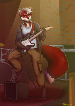 amplifier anthro clothed clothing drum drum_set electric_guitar fluffy fluffy_tail fur guitar hair male musical_instrument percussion_instrument plucked_string_instrument smile solo string_instrument tail rinkamo canid canine fox mammal absurd_res digital_media_(artwork) hi_res