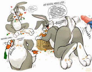 3_toes 4_fingers all_fours anthro anus anus_only barefoot belly biped bottomless buckteeth burping butt carrot clothed clothing crate crumbs dialogue disembodied_penis duo featureless_crotch feet fingers food fur genitals gloves grey_body grey_fur hand_on_hip handwear heart_symbol male male/male mostly_nude multicolored_body multicolored_fur null onomatopoeia open_mouth open_smile overweight penis pink_nose plant presenting prostitution raised_tail simple_background sitting slightly_chubby smile soles solo_focus sound_effects speech_bubble tail tail_anus tail_motion tailwag teeth text toes two_tone_body two_tone_fur vegetable weight_gain whiskers white_background white_body white_fur rand looney_tunes warner_brothers bugs_bunny arthropod insect lagomorph leporid mammal rabbit english_text