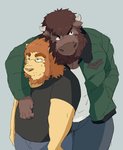 anthro bottomwear brown_body brown_fur clothing duo eyewear fur glasses hug humanoid_hands kemono male male/male overweight overweight_male pants shirt simple_background topwear train_(artist) felid lion mammal pantherine 2011