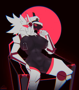 anthro big_breasts breasts cybernetics female genitals machine neon nipple_piercing nipples piercing sitting solo thick_thighs vulva wide_hips kiwipipis robot_anthro absurd_res hi_res