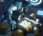 anthro blush bulge clothed clothing doctor duo hand_on_bulge hand_on_chin lying male male/male medical_instrument muscular muscular_anthro muscular_male on_back operating_room operating_table robotic_arm scales scar scientific_instrument underwear underwear_only fansl lizardman reptile scalie hi_res