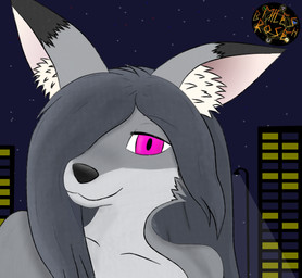 anthro black_body black_fur black_nose building city city_lights exhibitionism female fur grey_body grey_fur grey_hair hair looking_at_viewer magic_user night nude public purple_eyes smile solo star window window_light miles_rosebh miles_amanda_rose_(miles_rosebh) canid canine fox mammal 2025 hi_res watermark