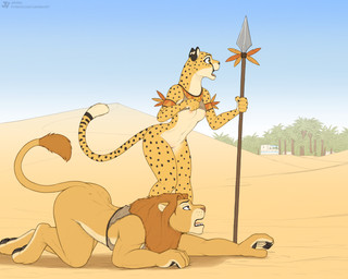 all_fours anthro ass_up bottomless bottomless_anthro bottomless_male breasts butt clothed clothing desert duo female fur male mane markings melee_weapon nipples on_ground polearm spear spots spotted_body spotted_fur tail tan_body tan_fur weapon jishinu cheetah felid feline lion mammal pantherine 2025 5:4 hi_res