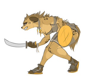 5_toes anthro biped breasts brown_body brown_fur cleavage clothed clothing feet female footwear fur jewelry mane melee_weapon necklace sandals sharp_teeth shield shoes simple_background solo spots standing sword teeth thick_thighs toes warrior weapon white_background danonymous gnoll hyena mammal spotted_hyena 2017 digital_media_(artwork)
